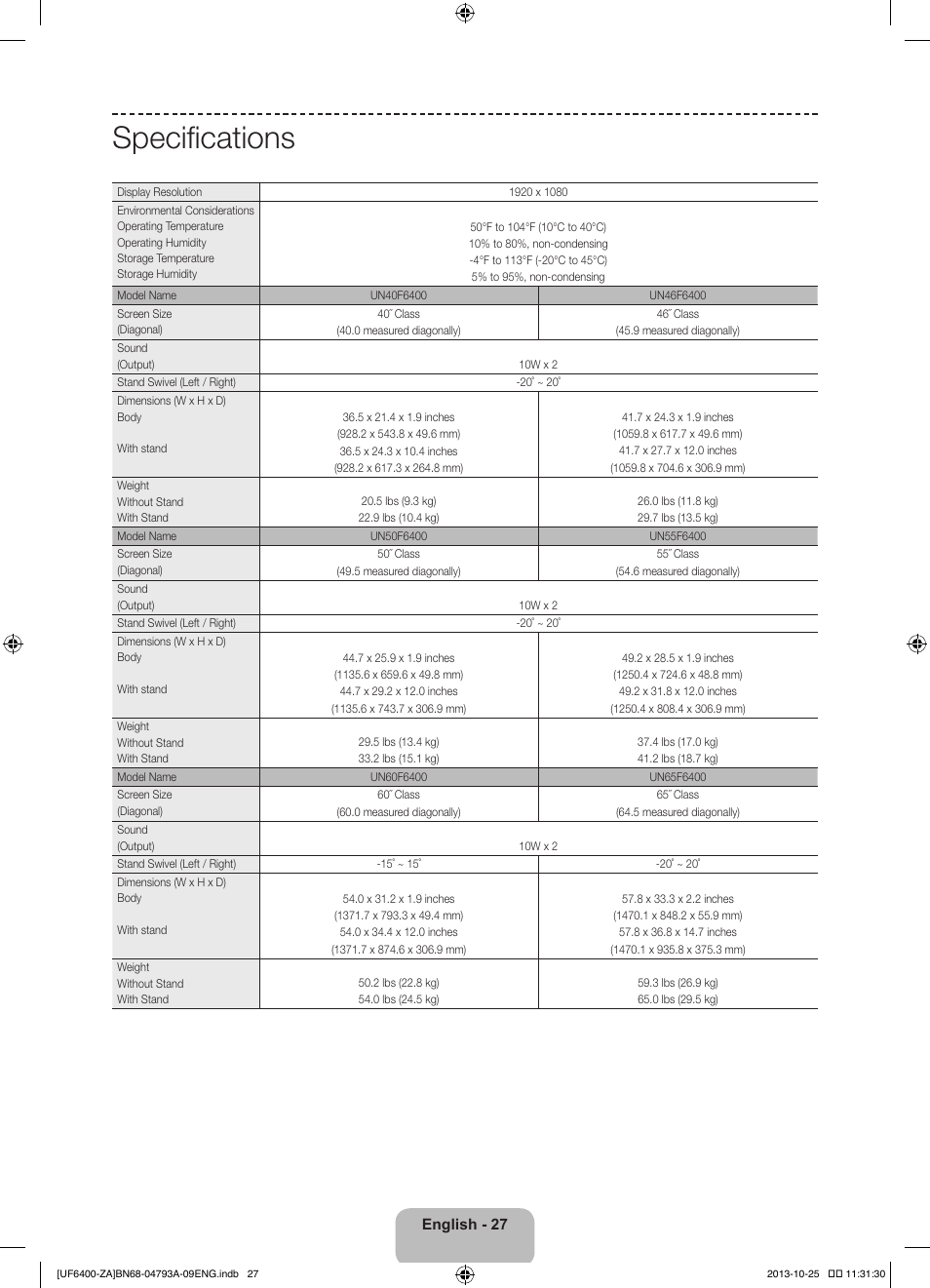 Specifications | Samsung UN55F6400AFXZA User Manual | Page 27 / 34