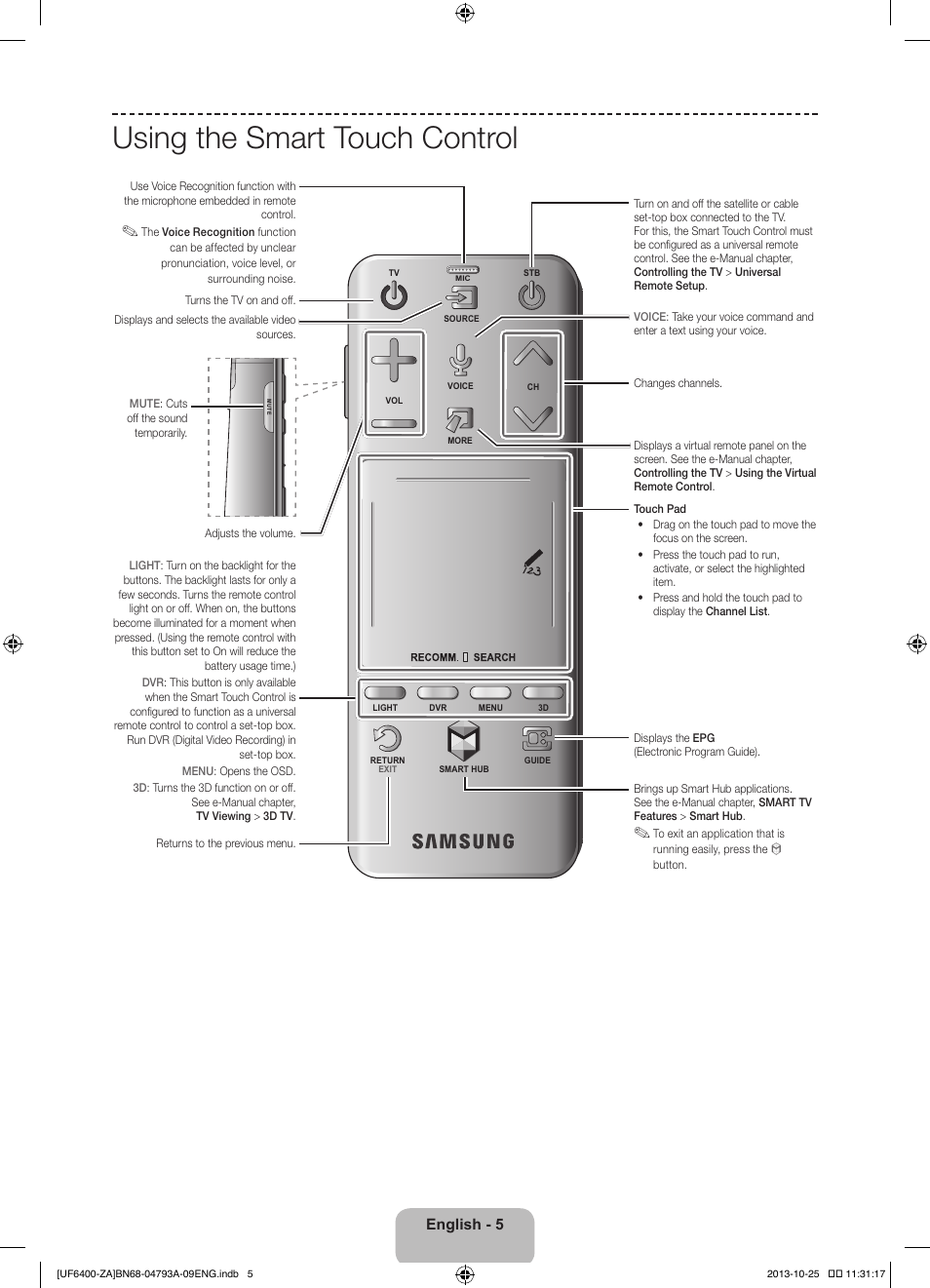 Using the smart touch control, English - 5 | Samsung UN55F6400AFXZA User Manual | Page 5 / 34