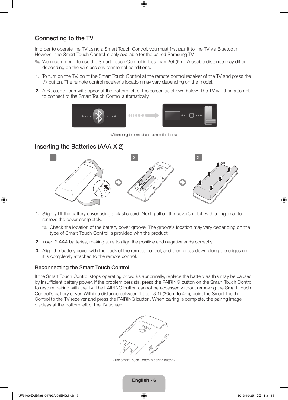 Connecting to the tv, Inserting the batteries (aaa x 2) | Samsung UN55F6400AFXZA User Manual | Page 6 / 34