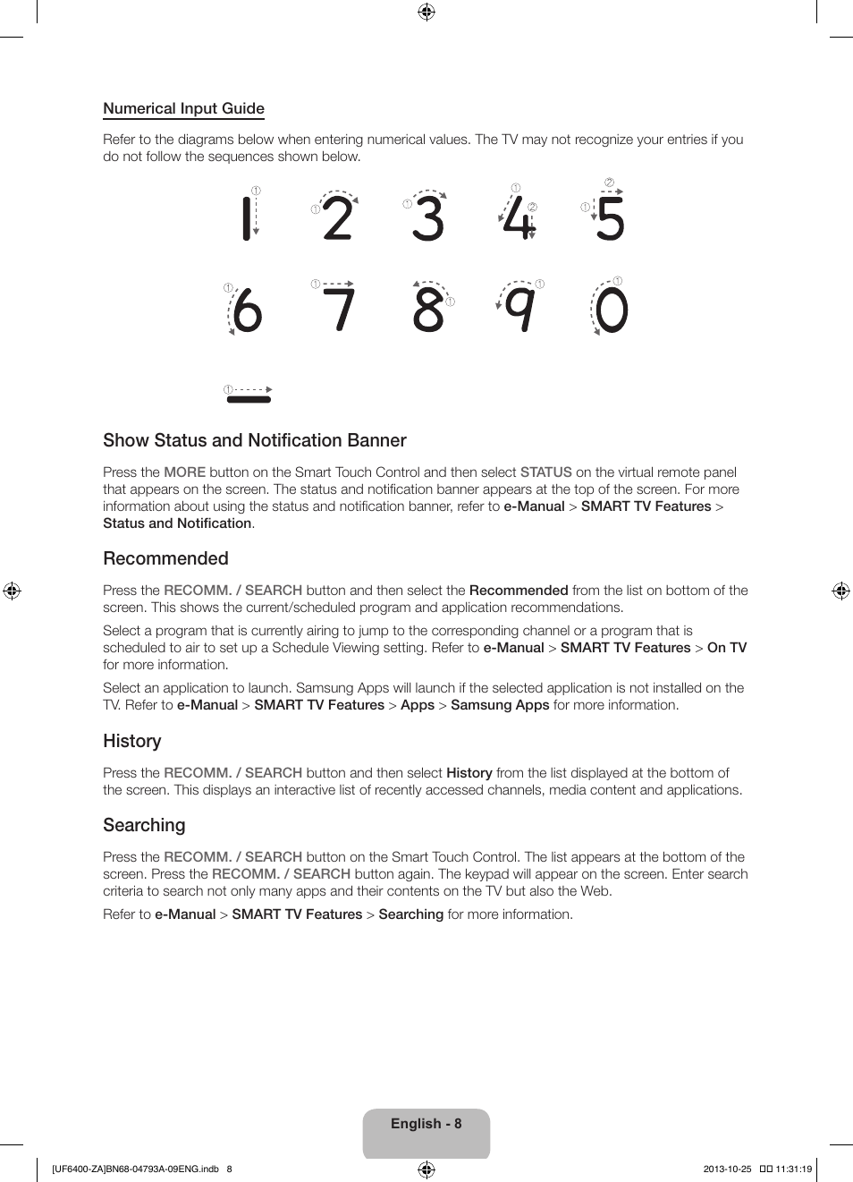 Show status and notification banner, Recommended, History | Searching | Samsung UN55F6400AFXZA User Manual | Page 8 / 34