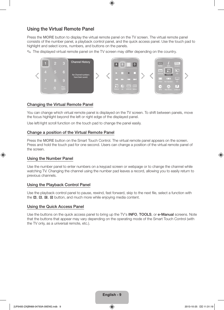 Using the virtual remote panel, Changing the virtual remote panel, Change a position of the virtual remote panel | Using the number panel, Using the playback control panel, Using the quick access panel, English - 9 | Samsung UN55F6400AFXZA User Manual | Page 9 / 34