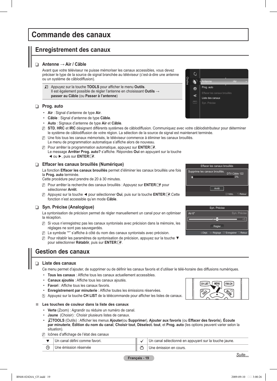 Commande des canaux, Enregistrement des canaux, Gestion des canaux | Antenne → air / câble, Prog. auto, Effacer les canaux brouillés (numérique), Syn. précise (analogique), Liste des canaux | Samsung PN50B400P3DXZA User Manual | Page 102 / 125