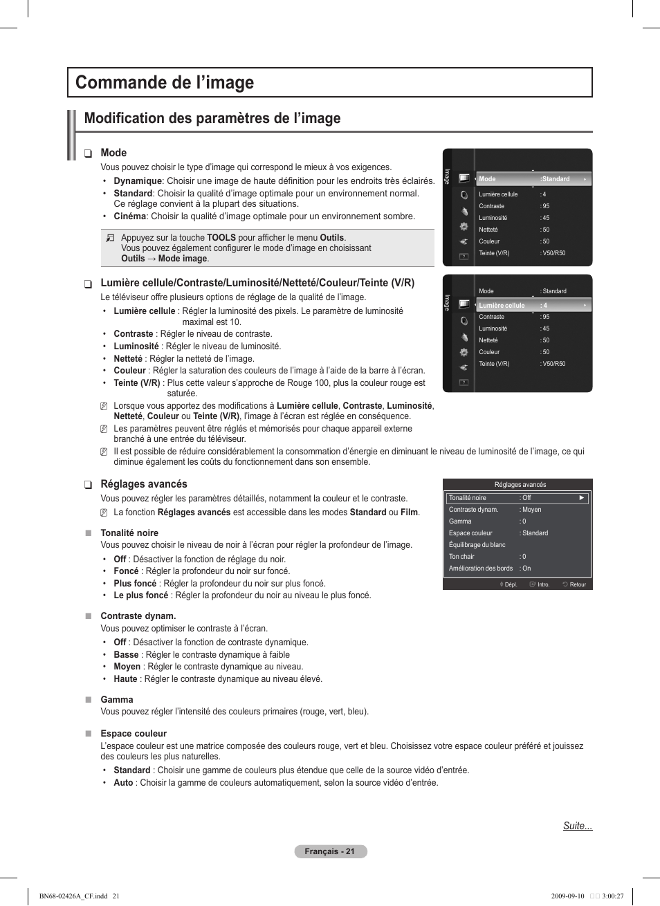 Commande de l’image, Modification des paramètres de l’image, Mode | Réglages avancés | Samsung PN50B400P3DXZA User Manual | Page 104 / 125