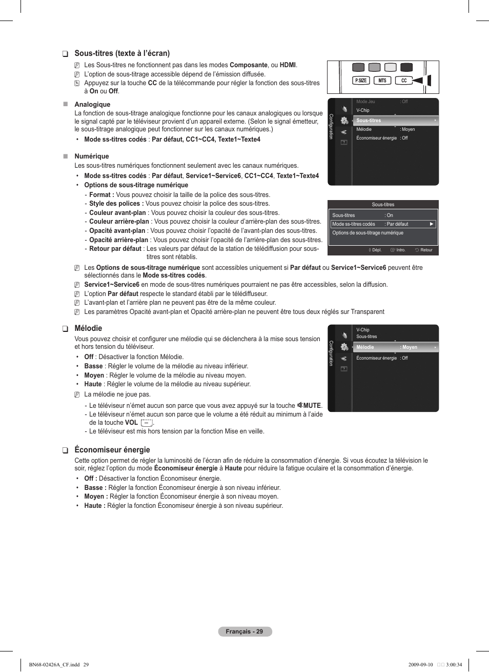 Sous-titres (texte à l’écran), Mélodie, Économiseur énergie | Samsung PN50B400P3DXZA User Manual | Page 112 / 125