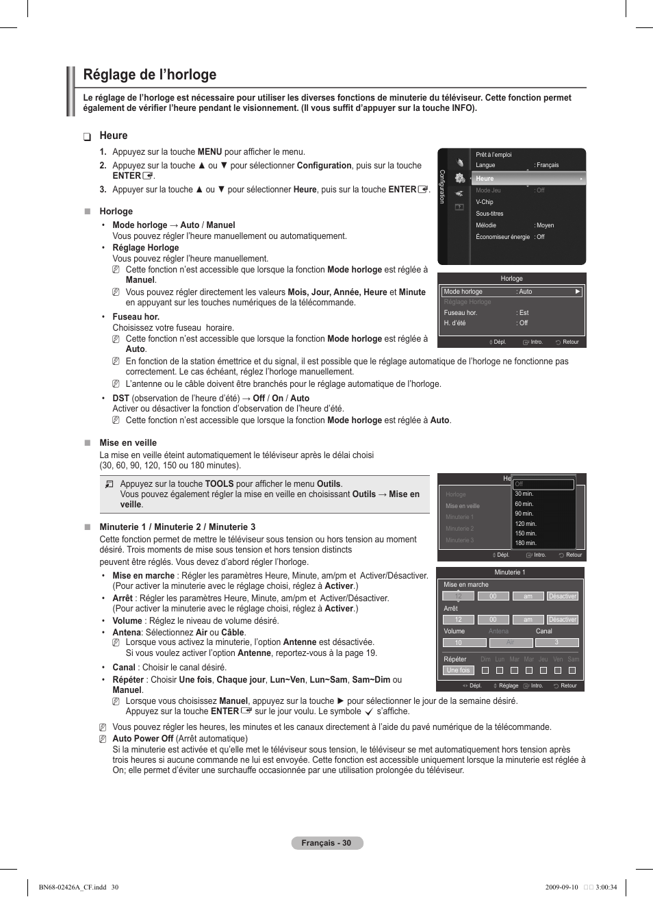 Réglage de l’horloge, Heure | Samsung PN50B400P3DXZA User Manual | Page 113 / 125