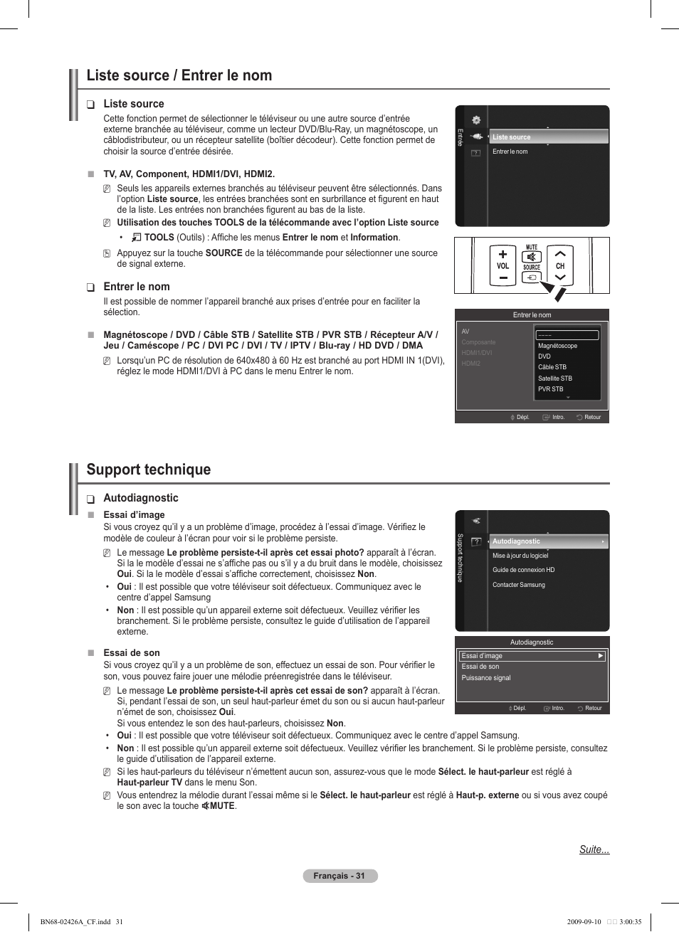 Liste source / entrer le nom, Support technique, Liste source | Entrer le nom, Autodiagnostic | Samsung PN50B400P3DXZA User Manual | Page 114 / 125