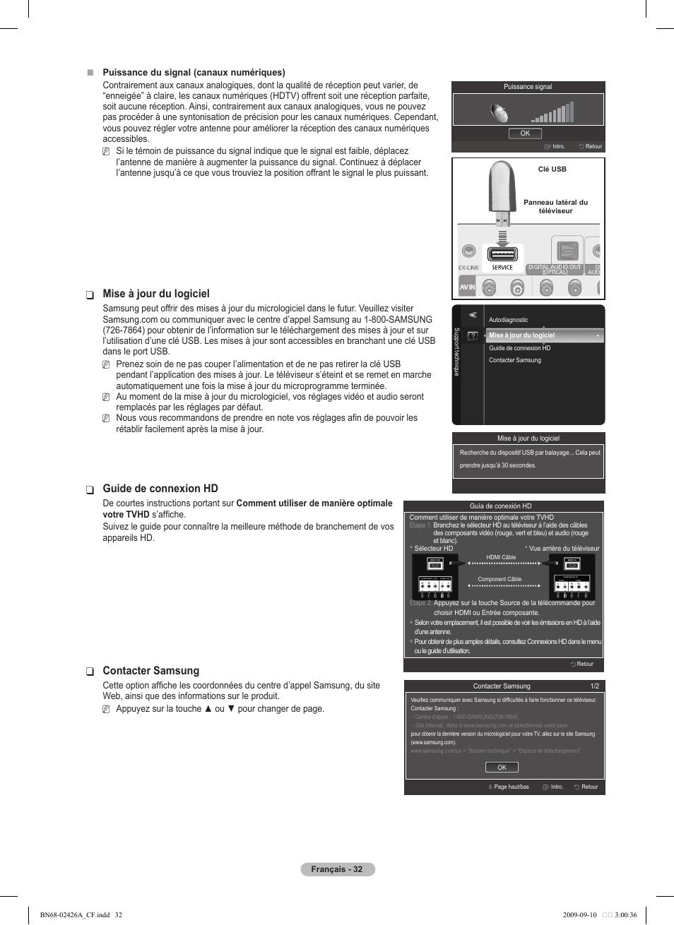 Mise à jour du logiciel, Guide de connexion hd, Contacter samsung | Samsung PN50B400P3DXZA User Manual | Page 115 / 125