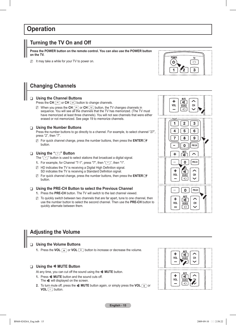 Operation, Turning the tv on and off, Changing channels | Adjusting the volume | Samsung PN50B400P3DXZA User Manual | Page 15 / 125