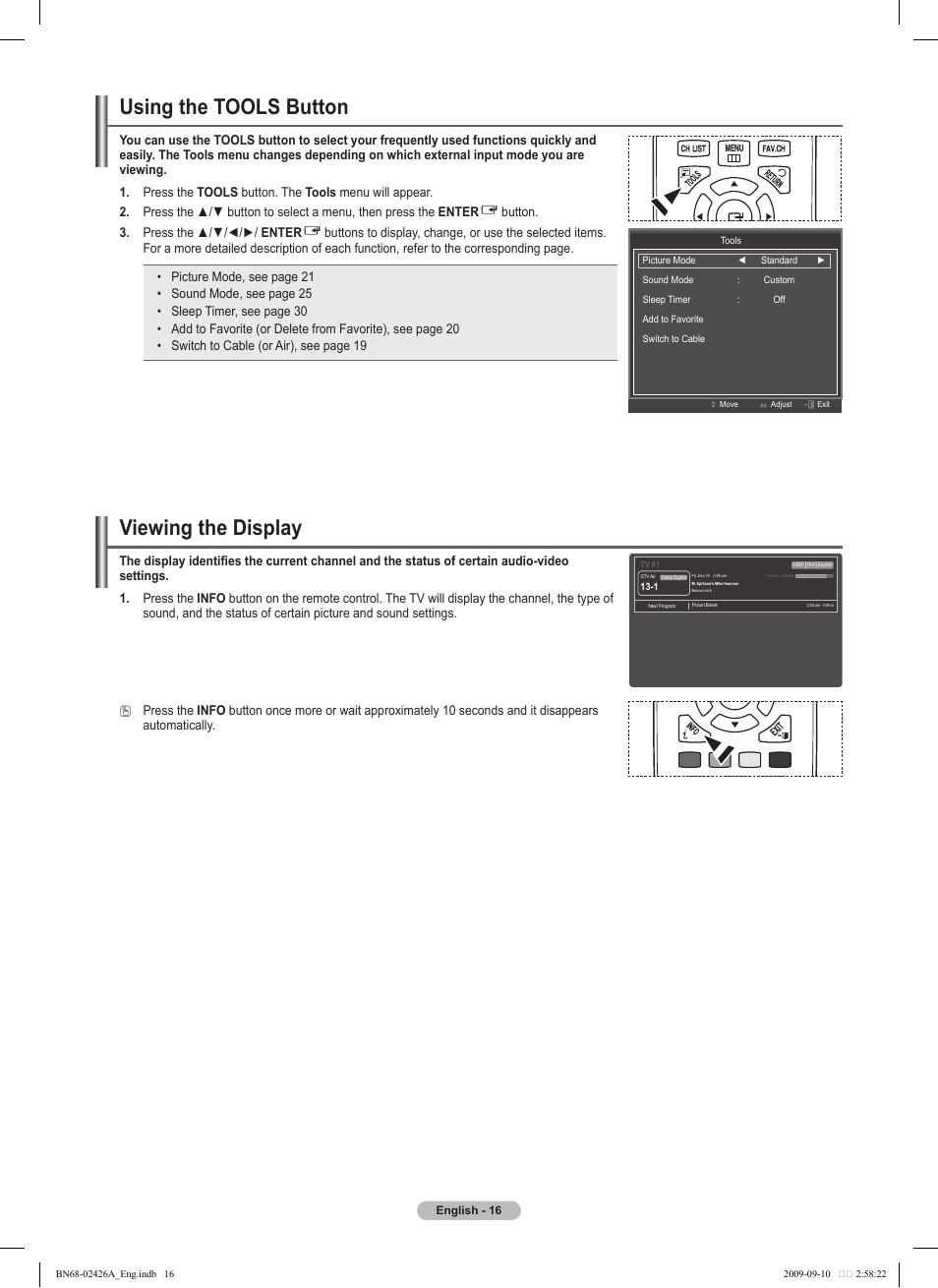 Using the tools button, Viewing the display | Samsung PN50B400P3DXZA User Manual | Page 16 / 125