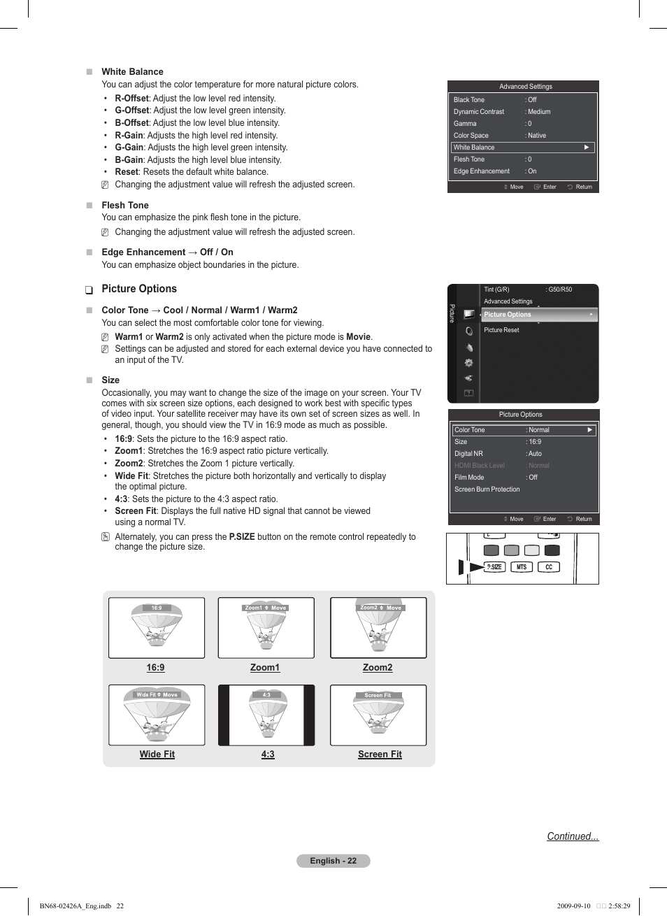 Picture options, Continued | Samsung PN50B400P3DXZA User Manual | Page 22 / 125