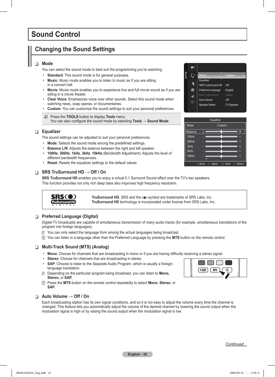 Sound control, Changing the sound settings, Mode | Equalizer, Srstrusurroundhd→off/on, Preferred language (digital), Multi-track sound (mts) (analog), Autovolume→off/on | Samsung PN50B400P3DXZA User Manual | Page 25 / 125