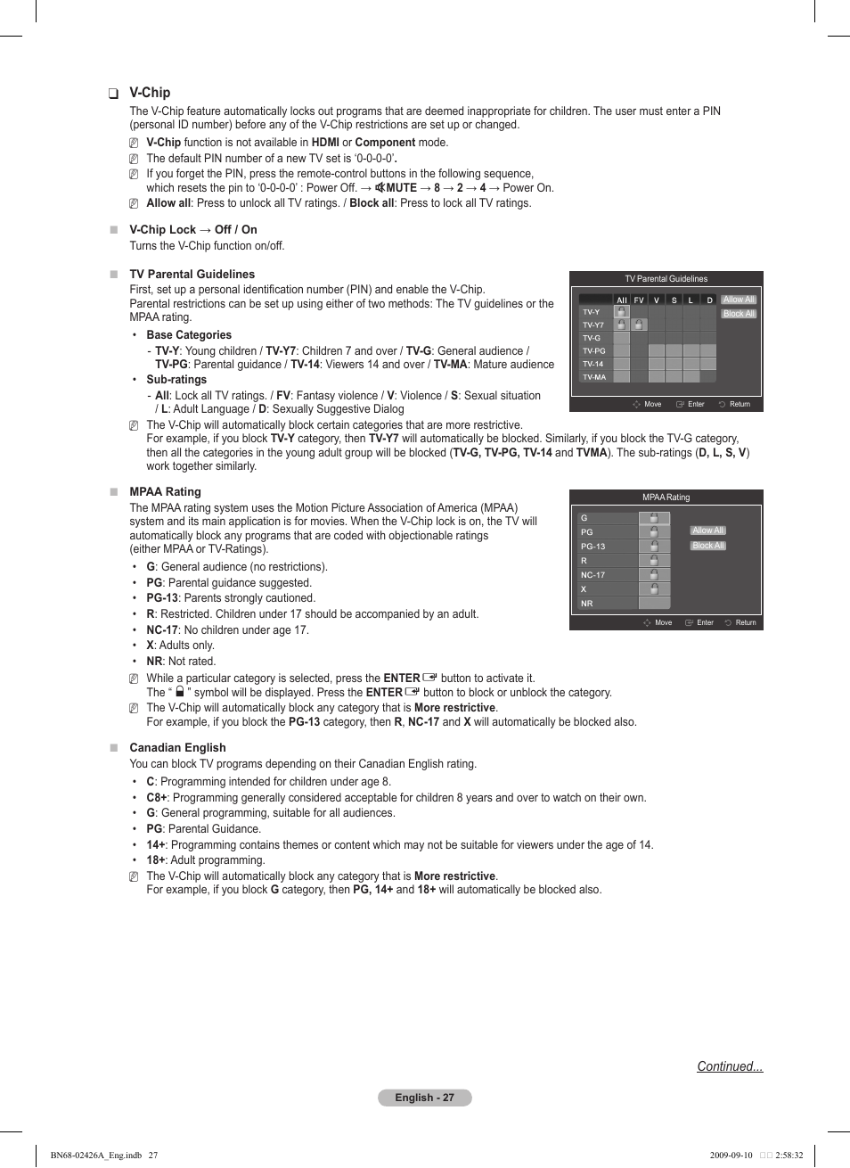 V-chip | Samsung PN50B400P3DXZA User Manual | Page 27 / 125