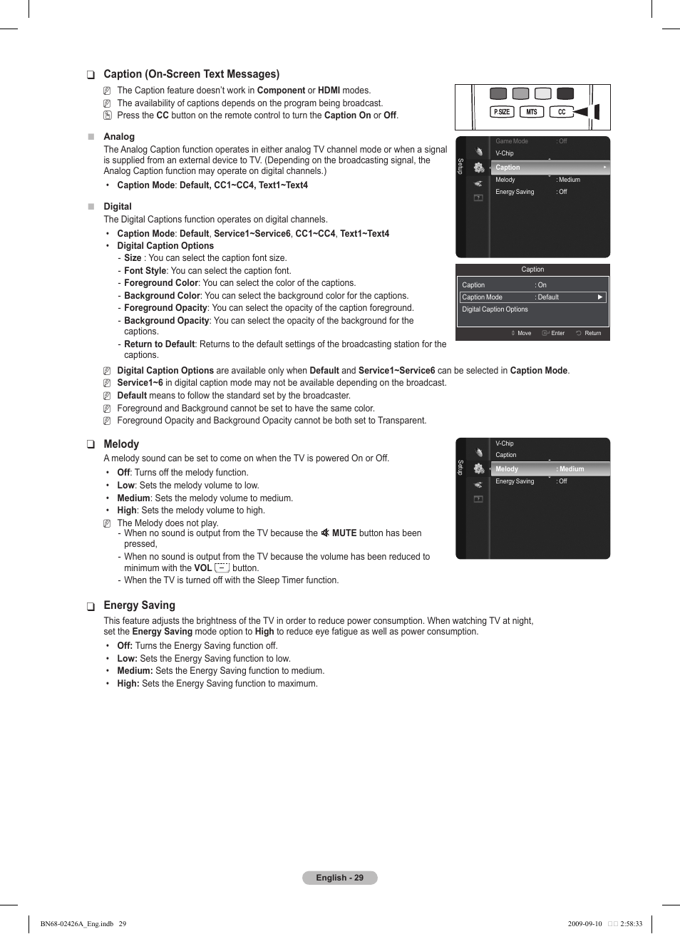 Caption (on-screen text messages), Melody, Energy saving | Samsung PN50B400P3DXZA User Manual | Page 29 / 125