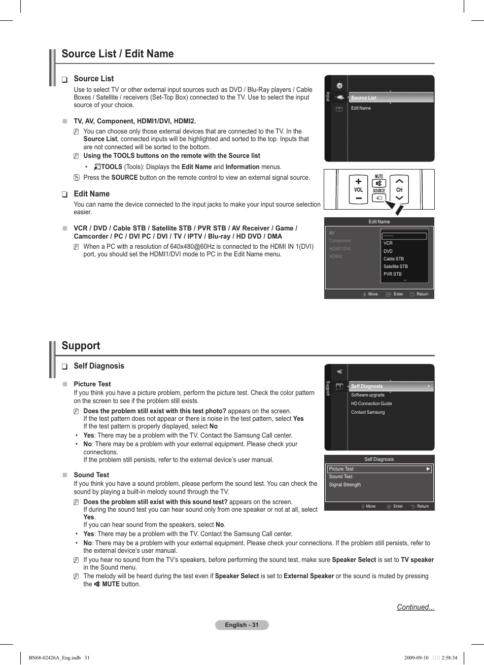 Source list / edit name, Support, Source list | Edit name, Self diagnosis | Samsung PN50B400P3DXZA User Manual | Page 31 / 125