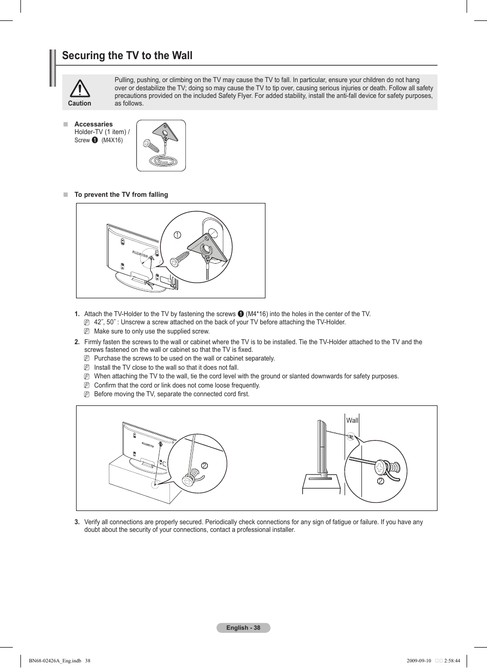 Securing the tv to the wall, 경고 주의 경고 주의 | Samsung PN50B400P3DXZA User Manual | Page 38 / 125