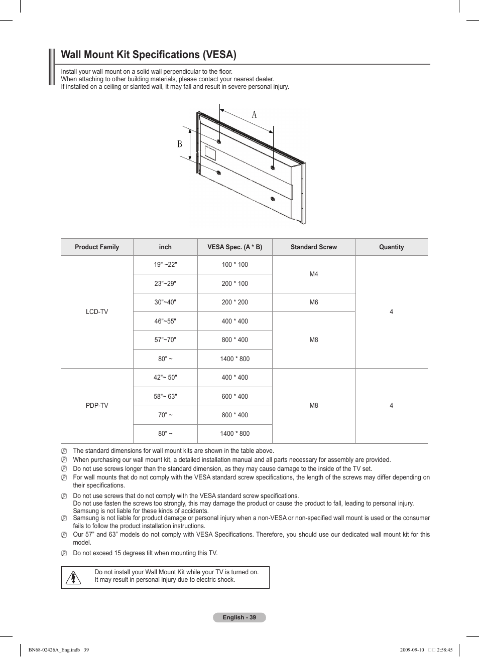 Wall mount kit specifications (vesa, Wall mount kit specifications (vesa) | Samsung PN50B400P3DXZA User Manual | Page 39 / 125