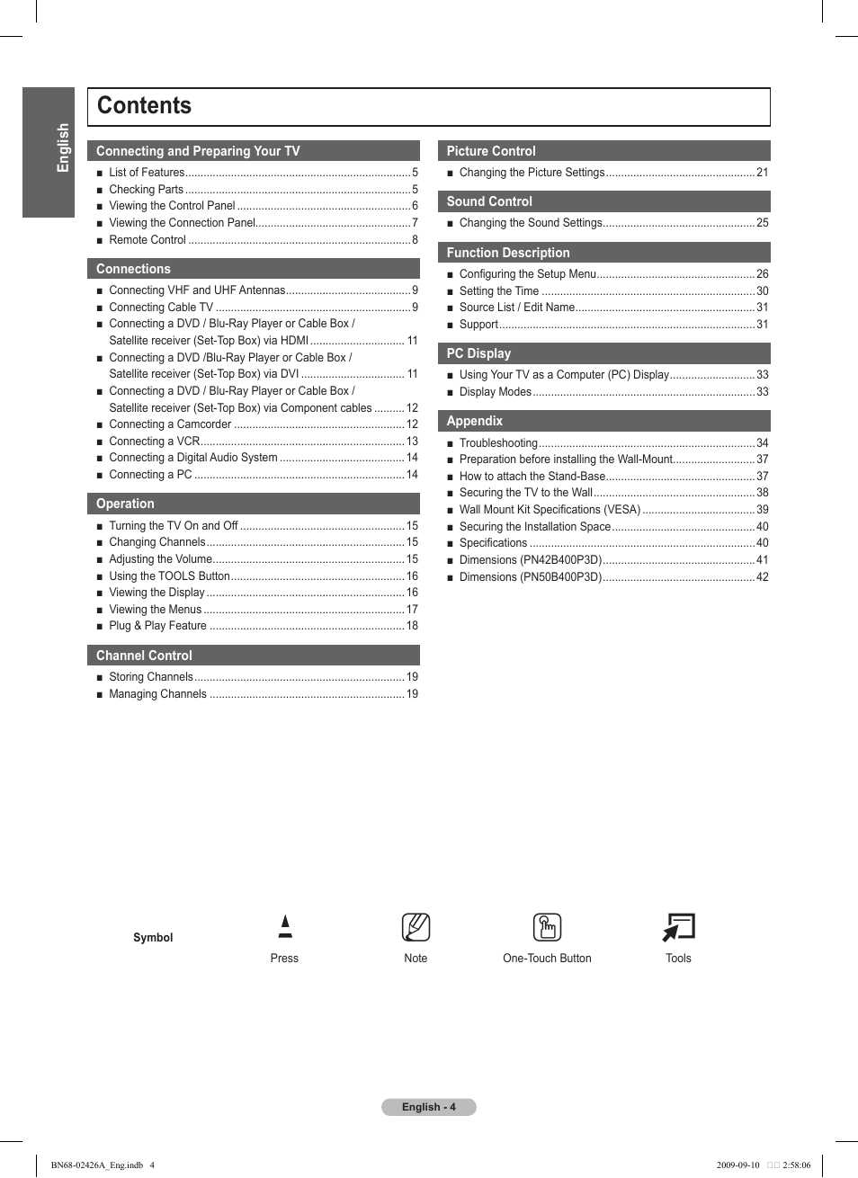 Samsung PN50B400P3DXZA User Manual | Page 4 / 125