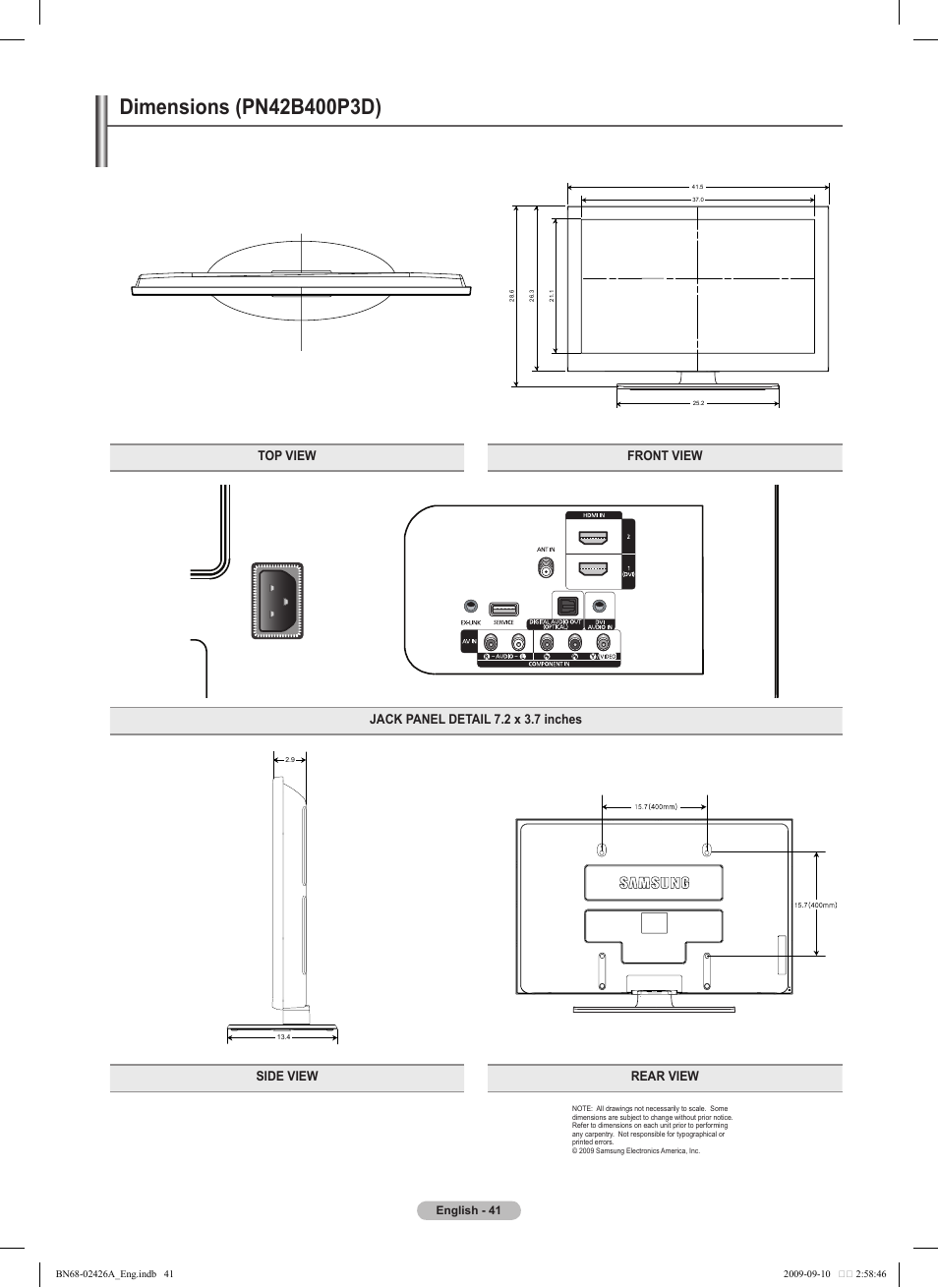 Dimensions (pn42b400p3d) | Samsung PN50B400P3DXZA User Manual | Page 41 / 125