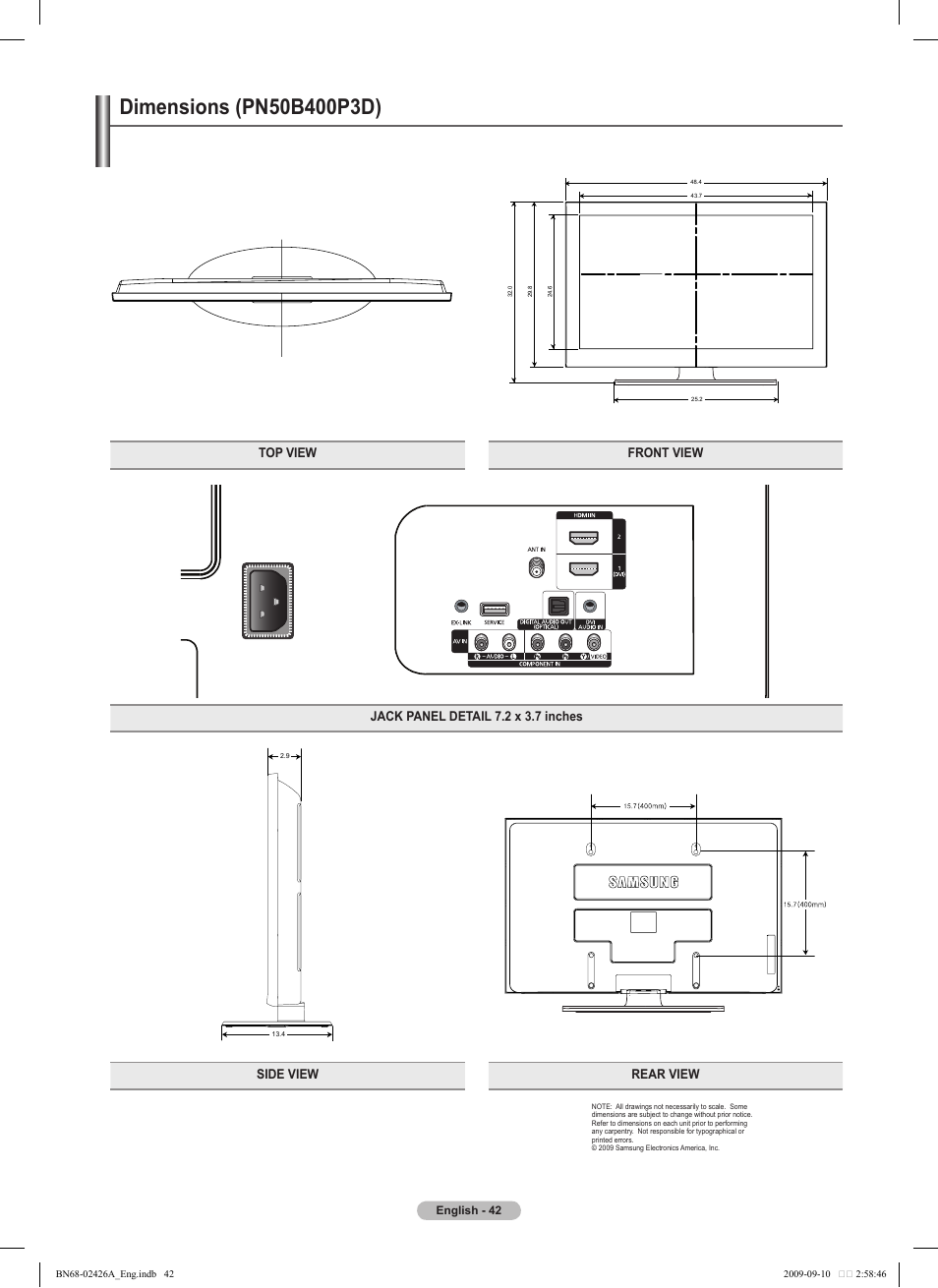 Dimensions (pn50b400p3d) | Samsung PN50B400P3DXZA User Manual | Page 42 / 125