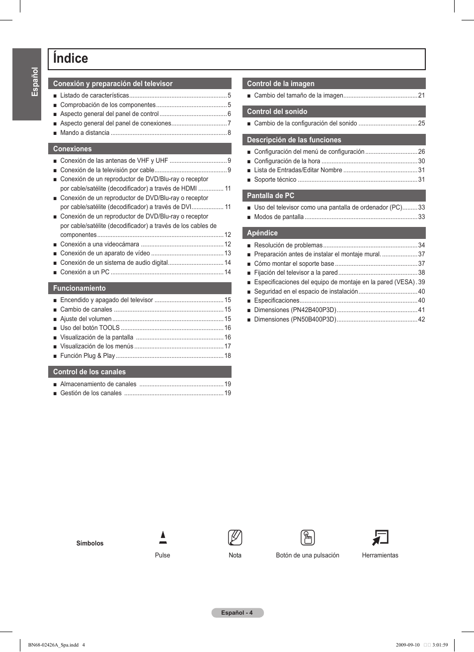 No t, Índice | Samsung PN50B400P3DXZA User Manual | Page 45 / 125