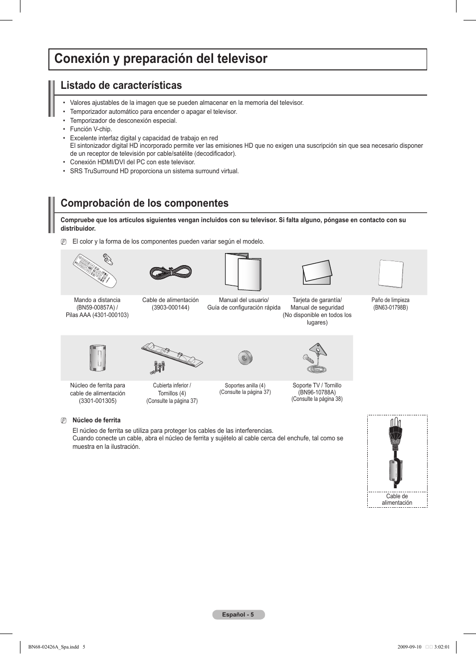 Conexión y preparación del televisor, Listado de características, Comprobación de los componentes | Samsung PN50B400P3DXZA User Manual | Page 46 / 125