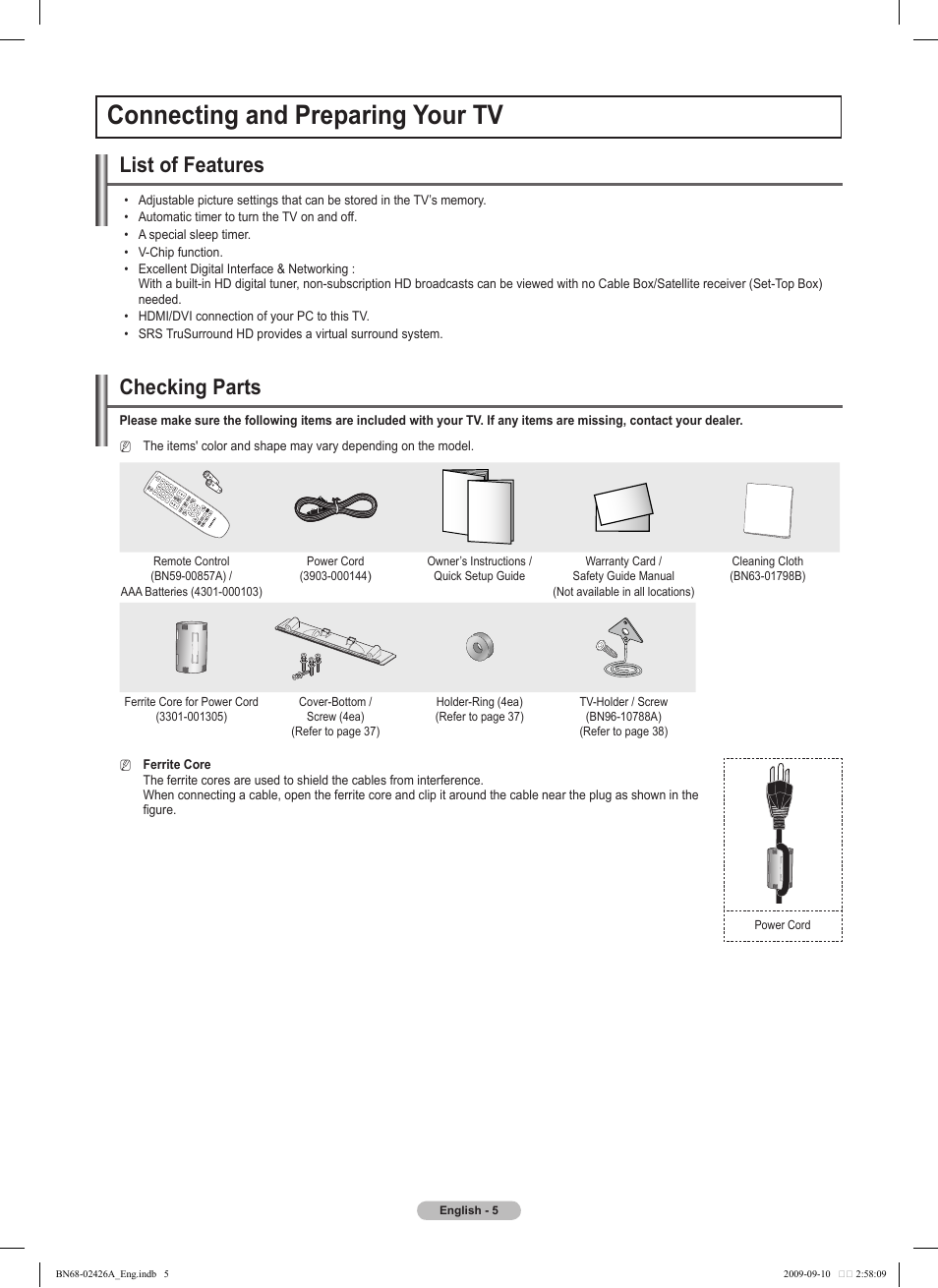 Connecting and preparing your tv, List of features, Checking parts | Samsung PN50B400P3DXZA User Manual | Page 5 / 125