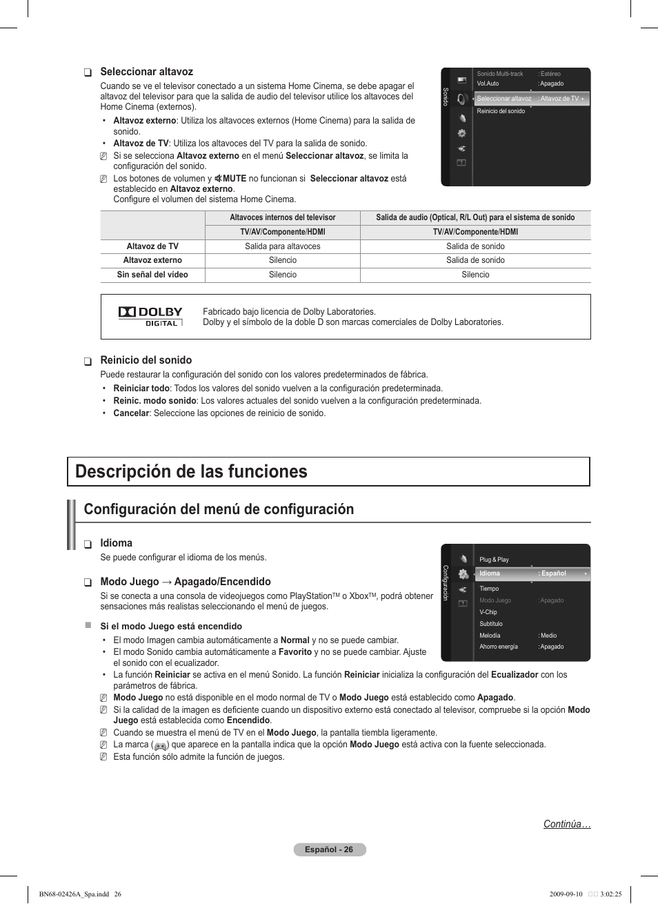 Descripción de las funciones, Configuración del menú de configuración, Idioma | Modo ❑ juego→apagado/encendido, Seleccionar altavoz, Reinicio del sonido | Samsung PN50B400P3DXZA User Manual | Page 67 / 125