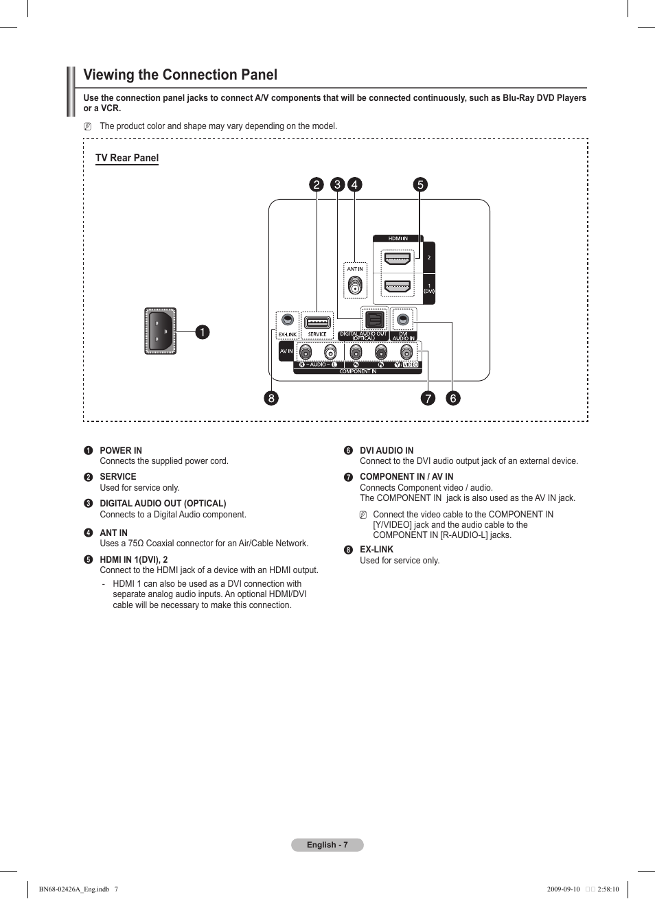 Viewing the connection panel | Samsung PN50B400P3DXZA User Manual | Page 7 / 125