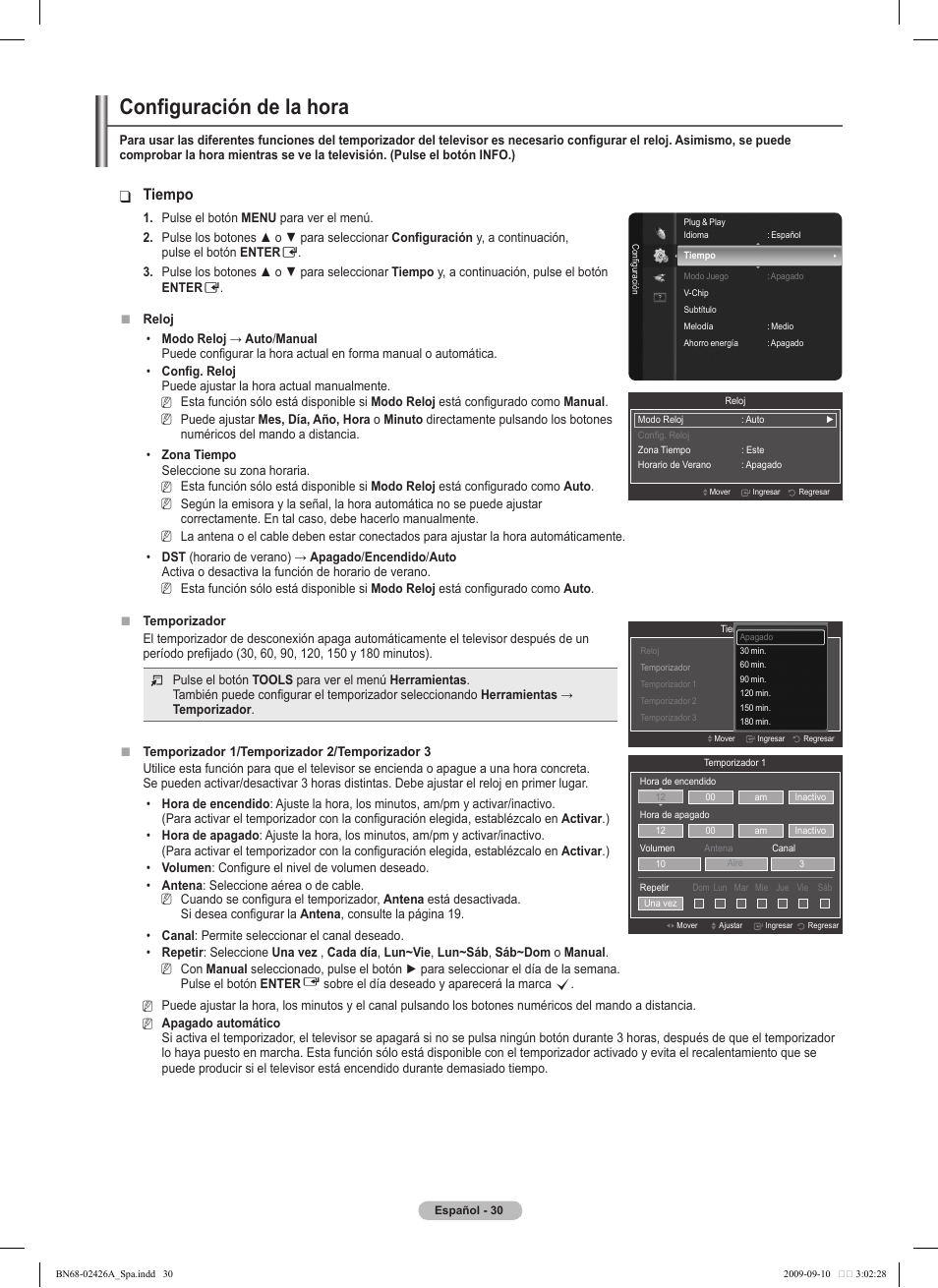 Configuración de la hora, Tiempo | Samsung PN50B400P3DXZA User Manual | Page 71 / 125