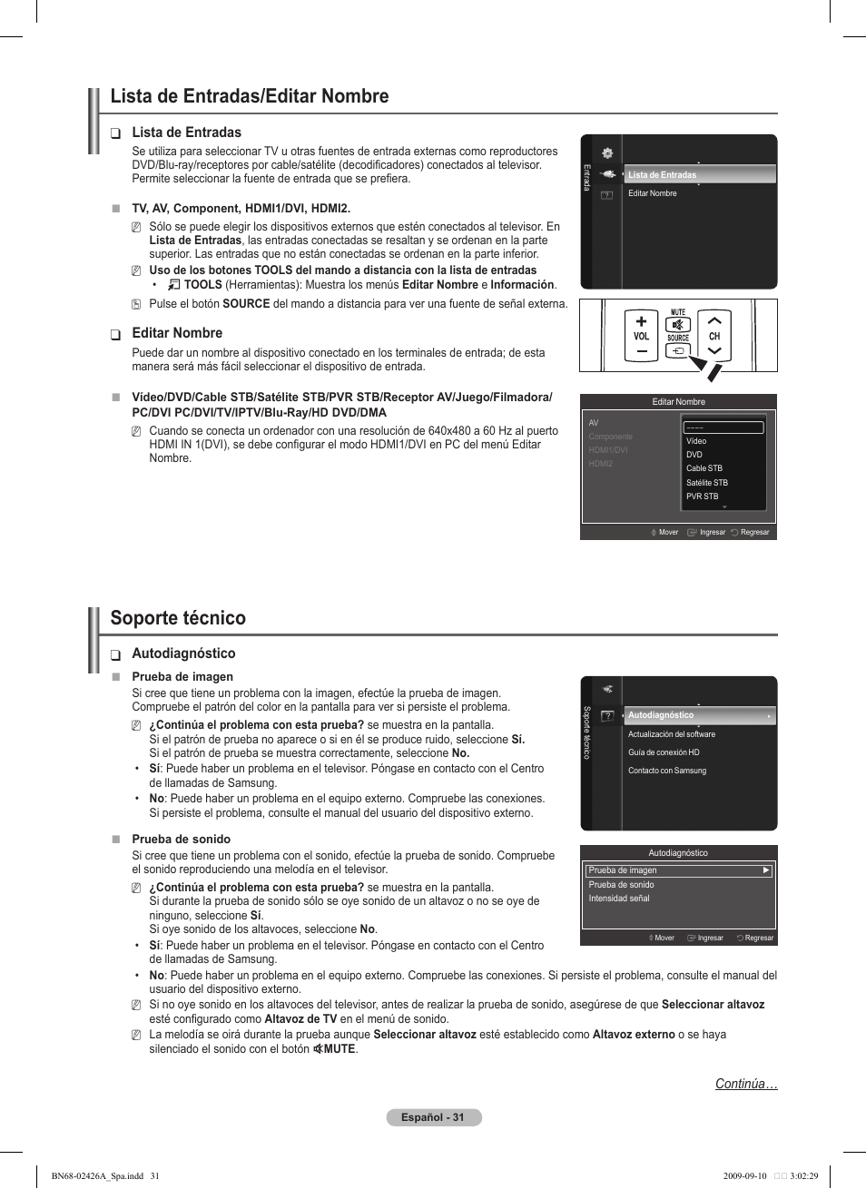 Lista de entradas/editar nombre, Soporte técnico, Lista de entradas | Editar nombre, Autodiagnóstico | Samsung PN50B400P3DXZA User Manual | Page 72 / 125