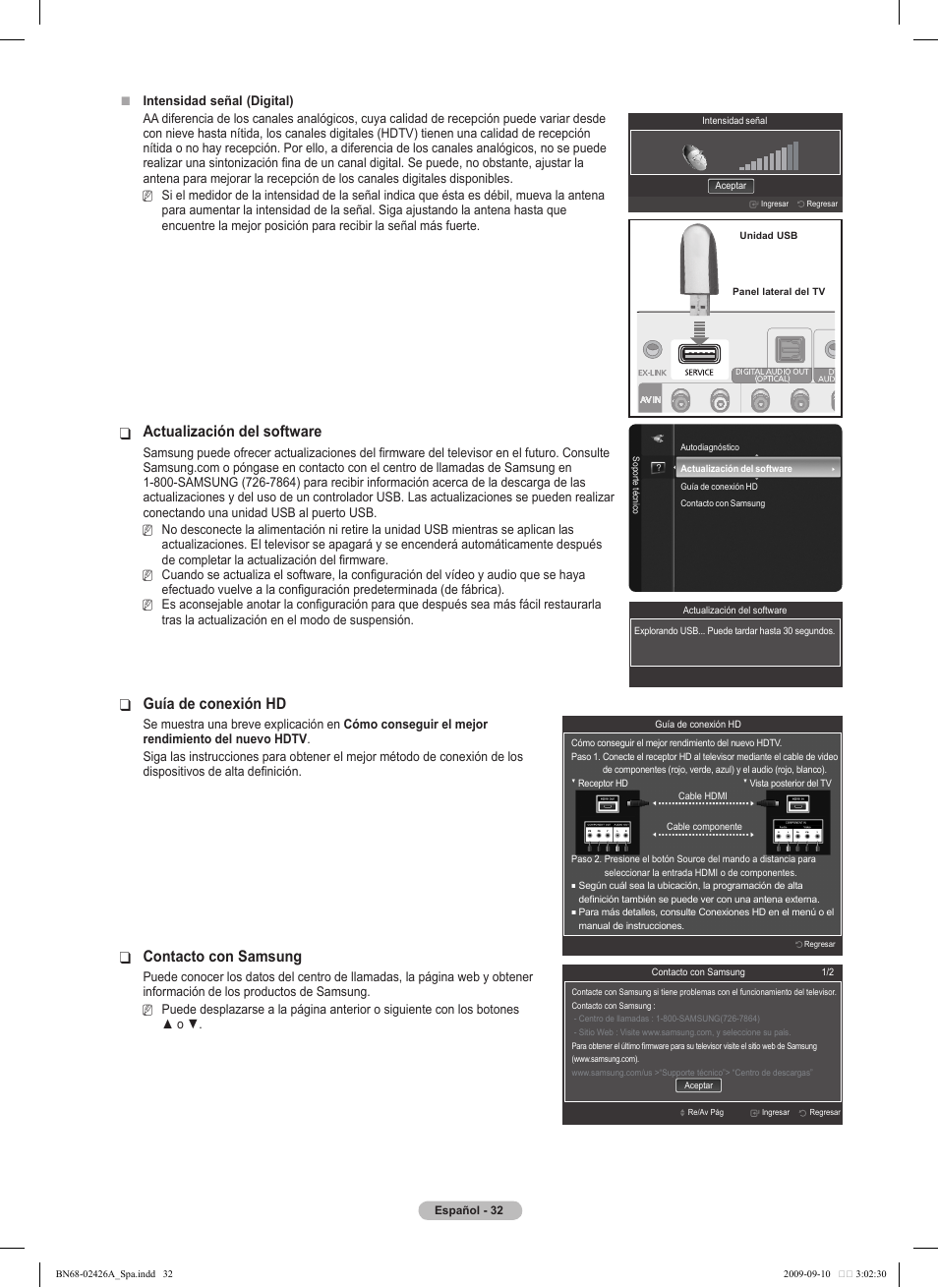 Actualización del software, Guía de conexión hd, Contacto con samsung | Samsung PN50B400P3DXZA User Manual | Page 73 / 125