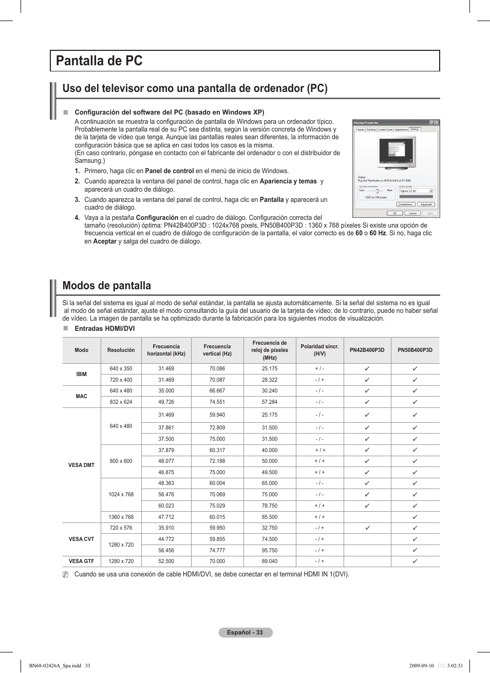 Pantalla de pc, Modos de pantalla | Samsung PN50B400P3DXZA User Manual | Page 74 / 125