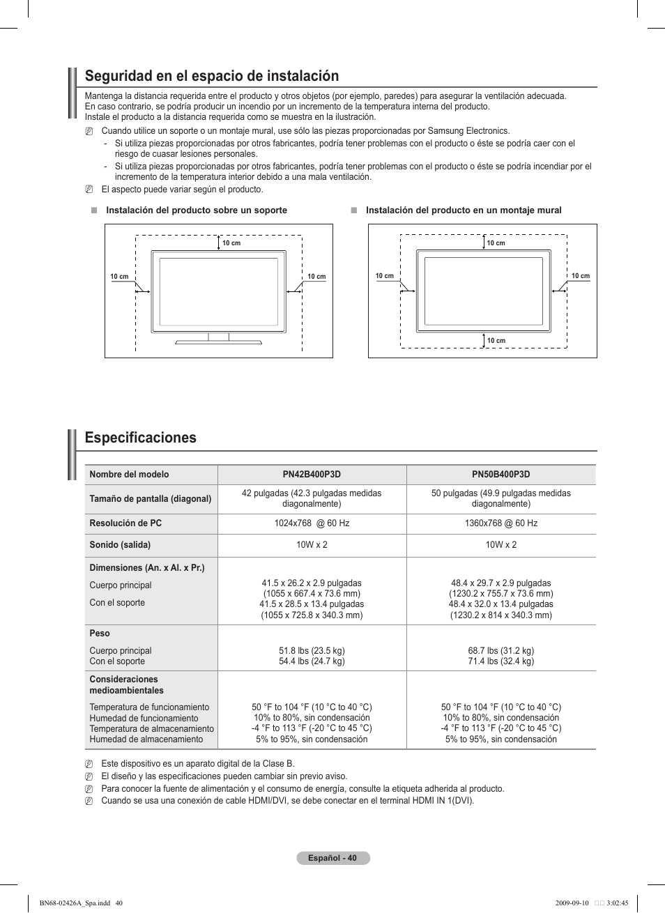 Especificaciones, Seguridad en el espacio de instalación | Samsung PN50B400P3DXZA User Manual | Page 81 / 125