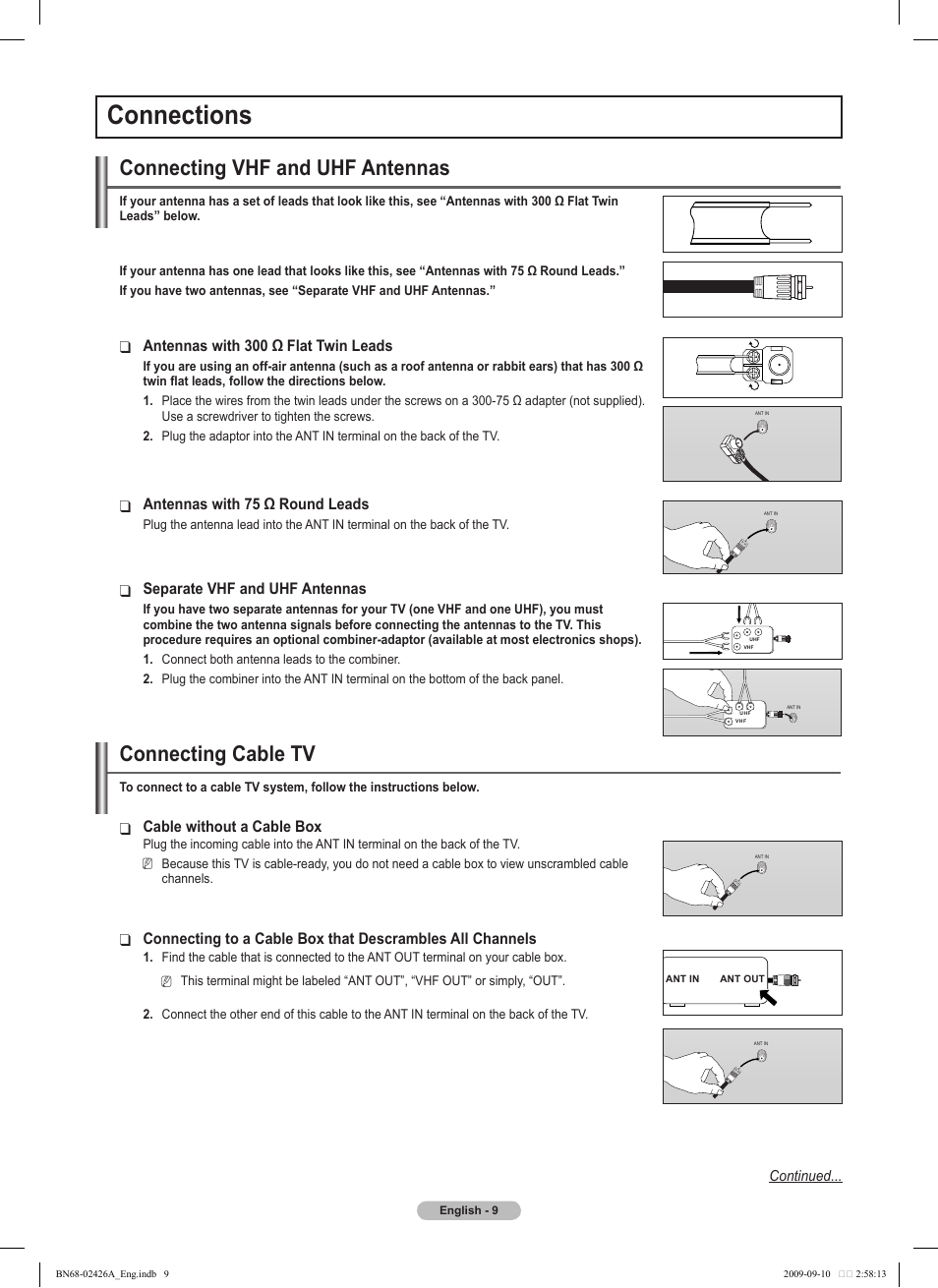 Connections, Connecting vhf and uhf antennas, Connecting cable tv | Samsung PN50B400P3DXZA User Manual | Page 9 / 125