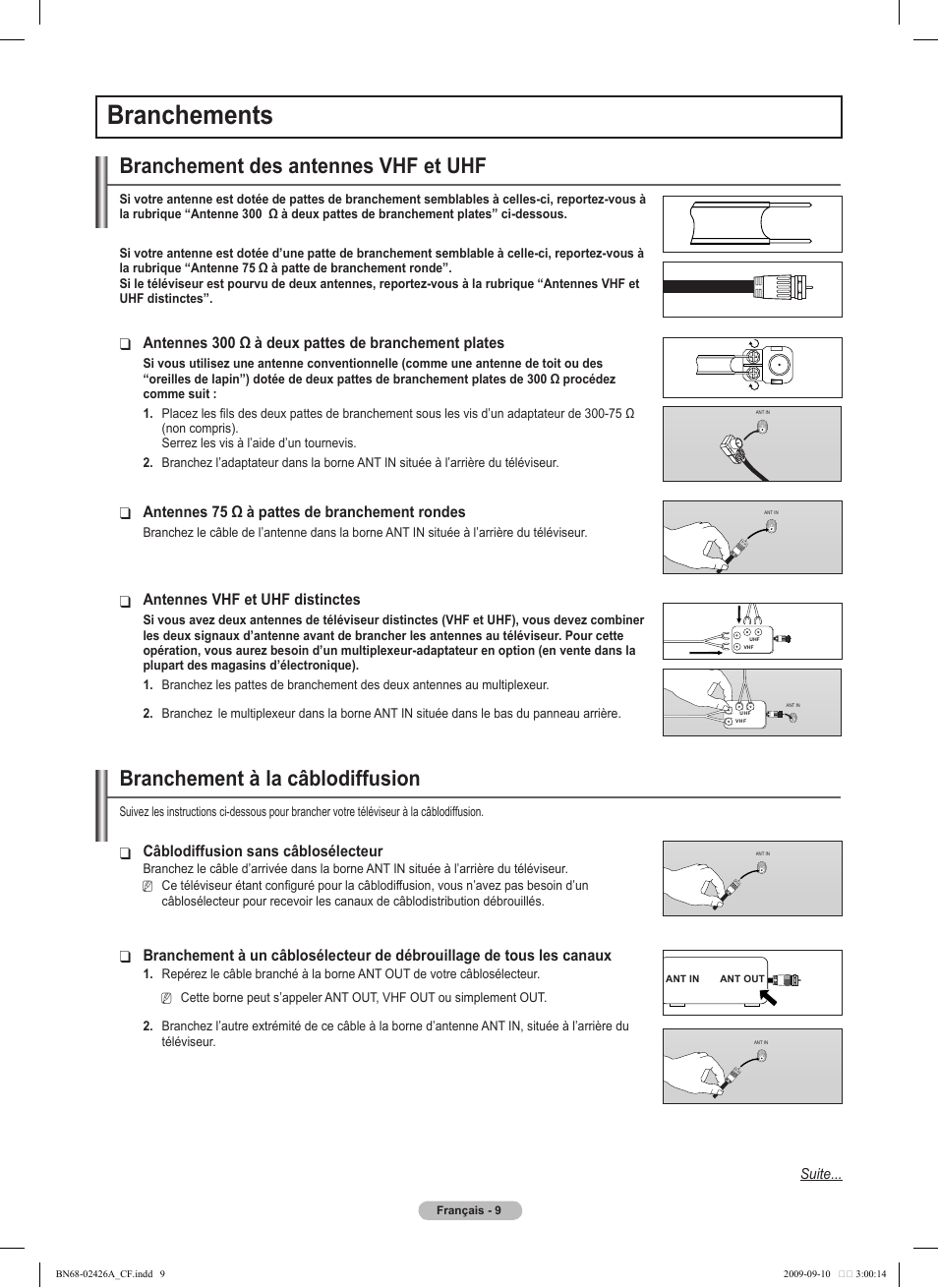 Branchements, Branchement des antennes vhf et uhf, Branchement à la câblodiffusion | Samsung PN50B400P3DXZA User Manual | Page 92 / 125