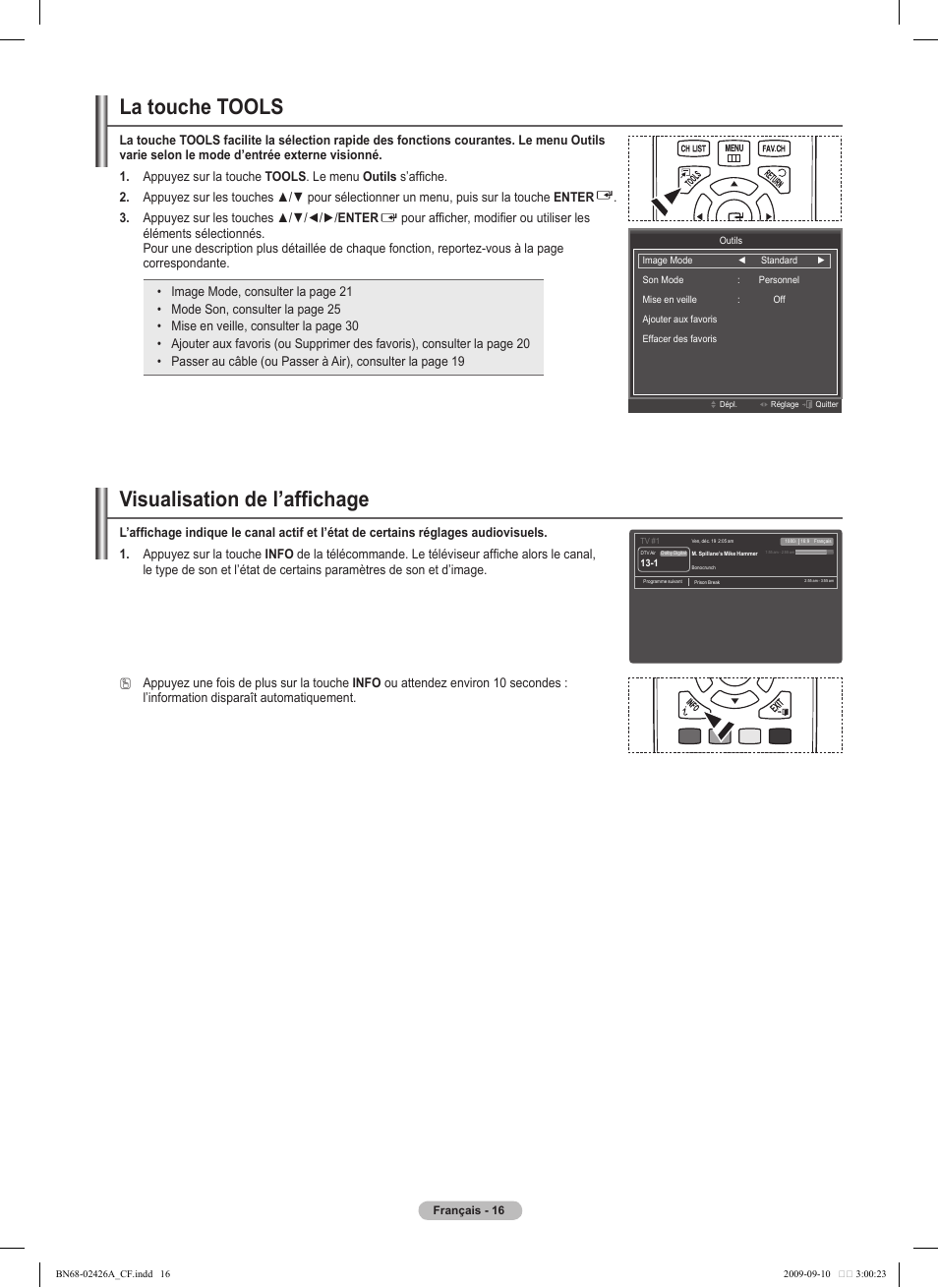 La touche tools, Visualisation de l’affichage | Samsung PN50B400P3DXZA User Manual | Page 99 / 125