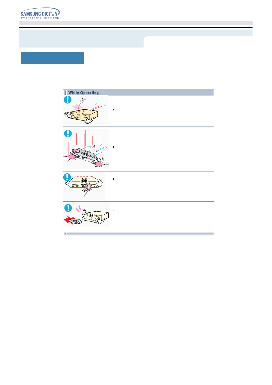 While operating, Safety precaution | Samsung TS-H352A-WBEH User Manual | Page 5 / 20