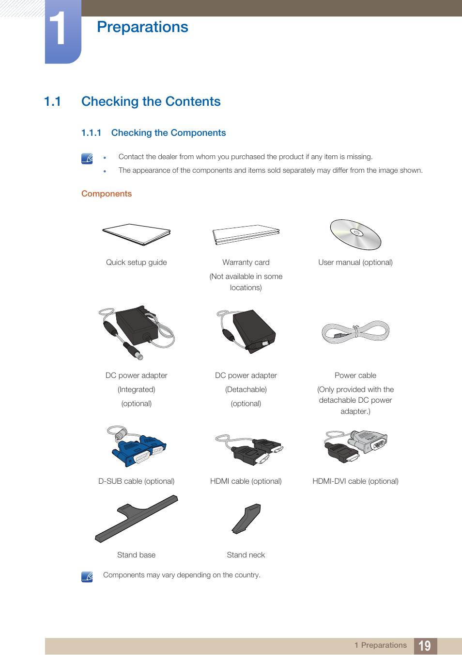 Preparations, 1 checking the contents, 1 checking the components | Checking the contents, Checking the components | Samsung LS27D590PS-ZA User Manual | Page 19 / 92