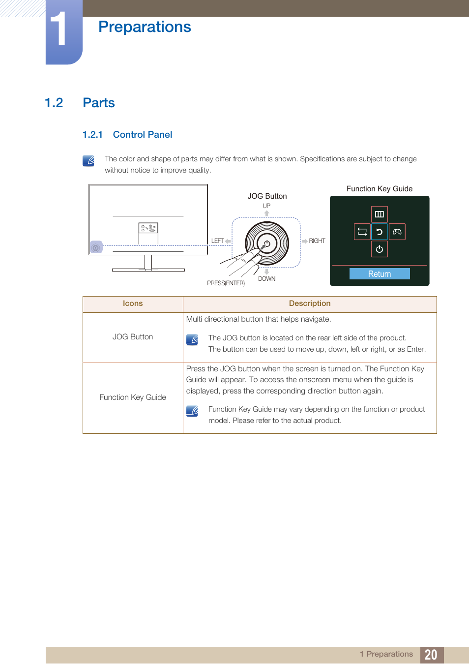 2 parts, 1 control panel, Parts | Control panel, Preparations | Samsung LS27D590PS-ZA User Manual | Page 20 / 92