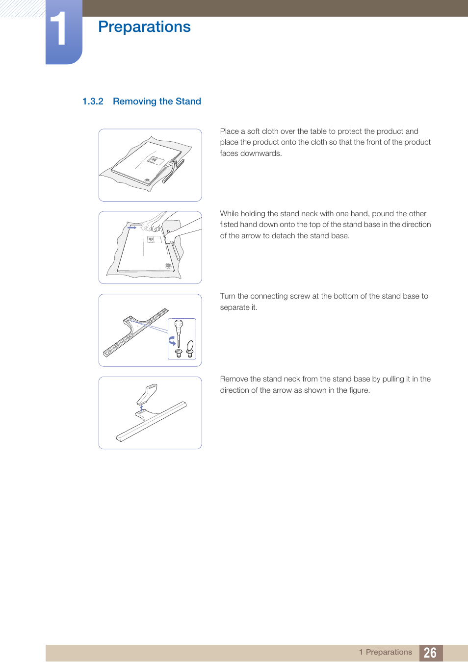 2 removing the stand, Removing the stand, Preparations | Samsung LS27D590PS-ZA User Manual | Page 26 / 92