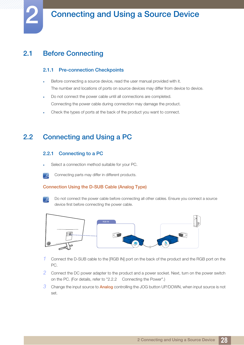 Connecting and using a source device, 1 before connecting, 1 pre-connection checkpoints | 2 connecting and using a pc, 1 connecting to a pc, Connecting and using, A source device, Before connecting, Pre-connection checkpoints, Connecting and using a pc | Samsung LS27D590PS-ZA User Manual | Page 28 / 92