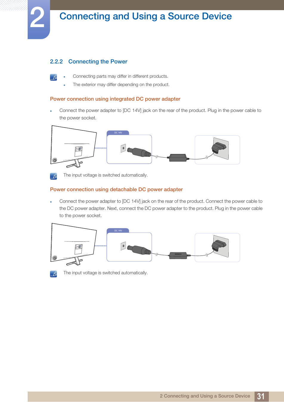 2 connecting the power, Connecting the power, Connecting and using a source device | Samsung LS27D590PS-ZA User Manual | Page 31 / 92