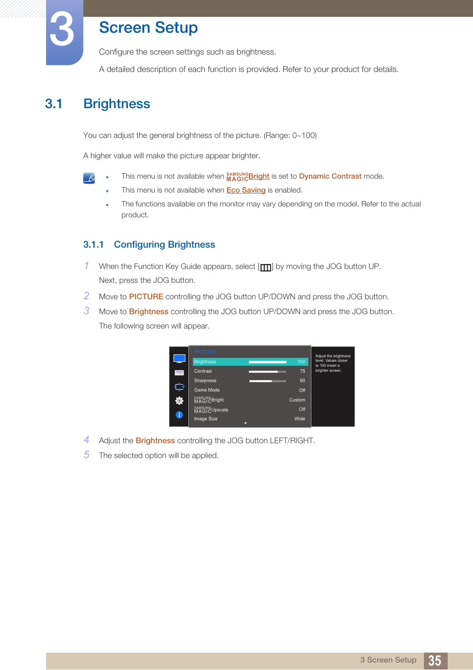 Screen setup, 1 brightness, 1 configuring brightness | Brightness, Configuring brightness | Samsung LS27D590PS-ZA User Manual | Page 35 / 92