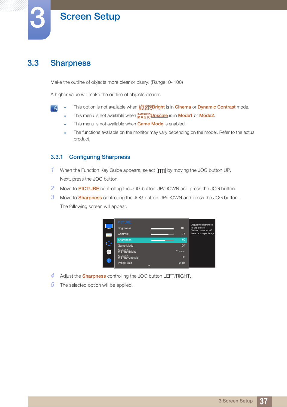 3 sharpness, 1 configuring sharpness, Sharpness | Configuring sharpness, Screen setup | Samsung LS27D590PS-ZA User Manual | Page 37 / 92