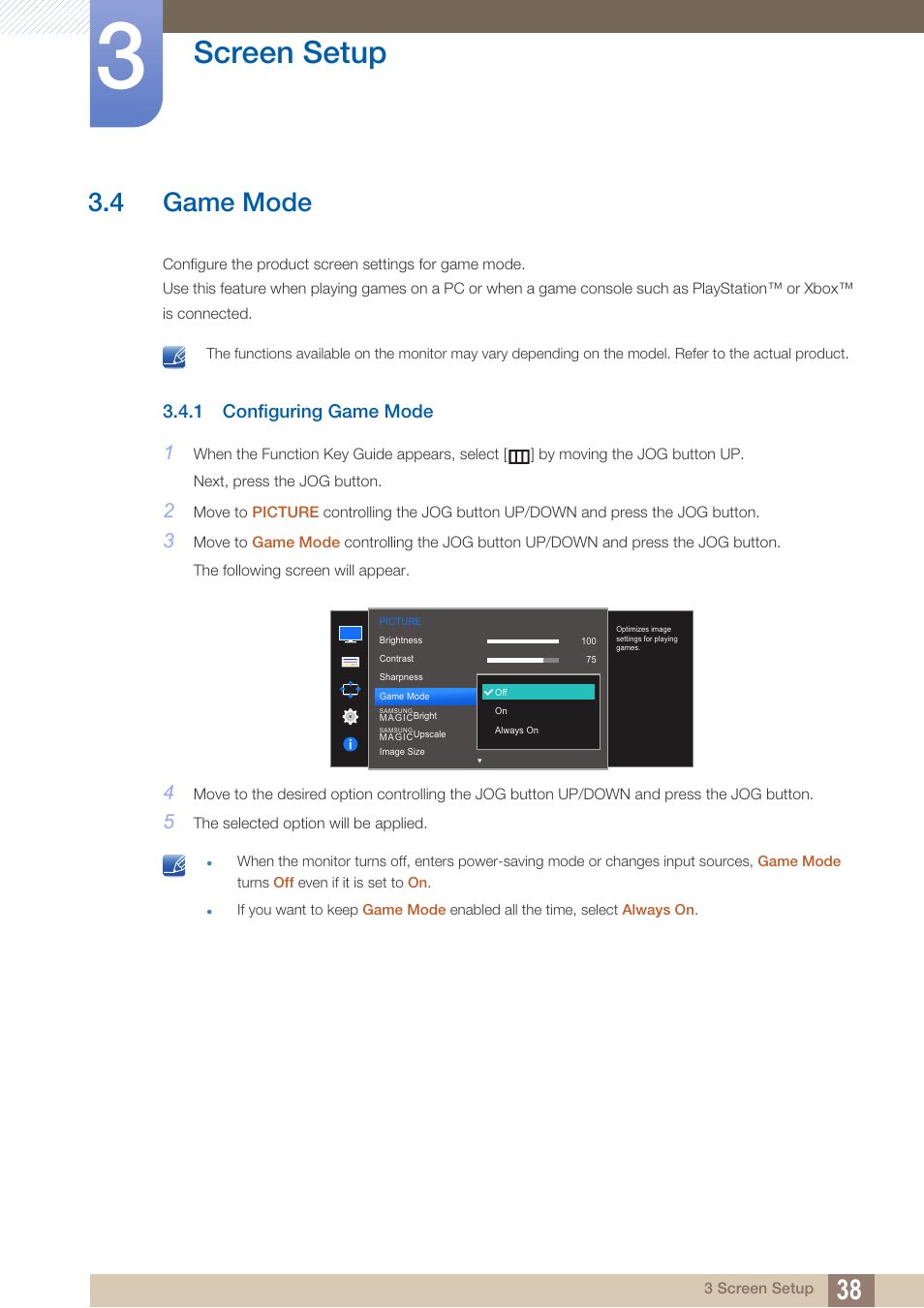 4 game mode, 1 configuring game mode, Game mode | Configuring game mode, Is available, Screen setup | Samsung LS27D590PS-ZA User Manual | Page 38 / 92