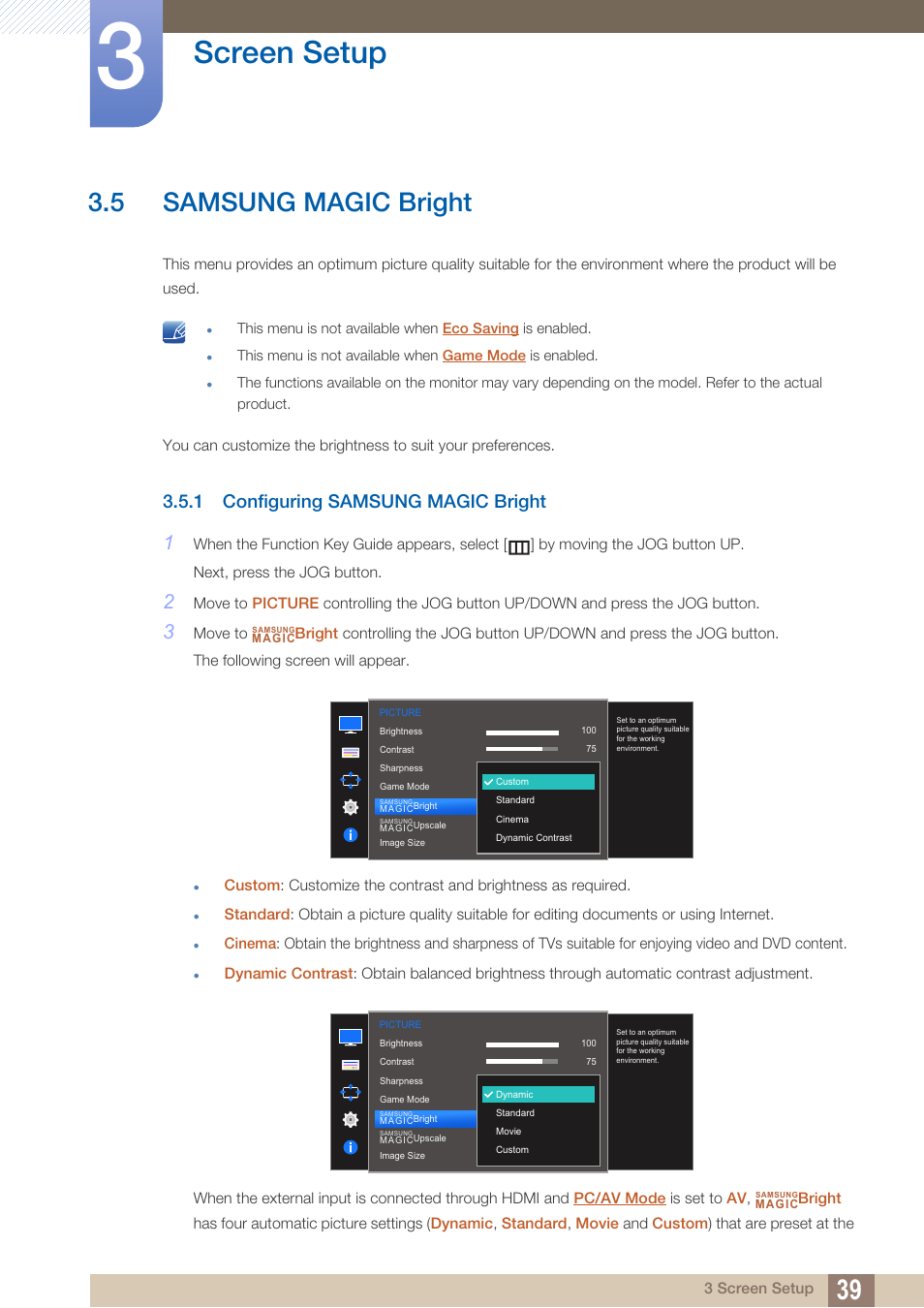 5 samsung magic bright, 1 configuring samsung magic bright, Samsung magic bright | Configuring samsung magic bright, Bright, Magic, Is set to, Samsung, Is i, Screen setup | Samsung LS27D590PS-ZA User Manual | Page 39 / 92