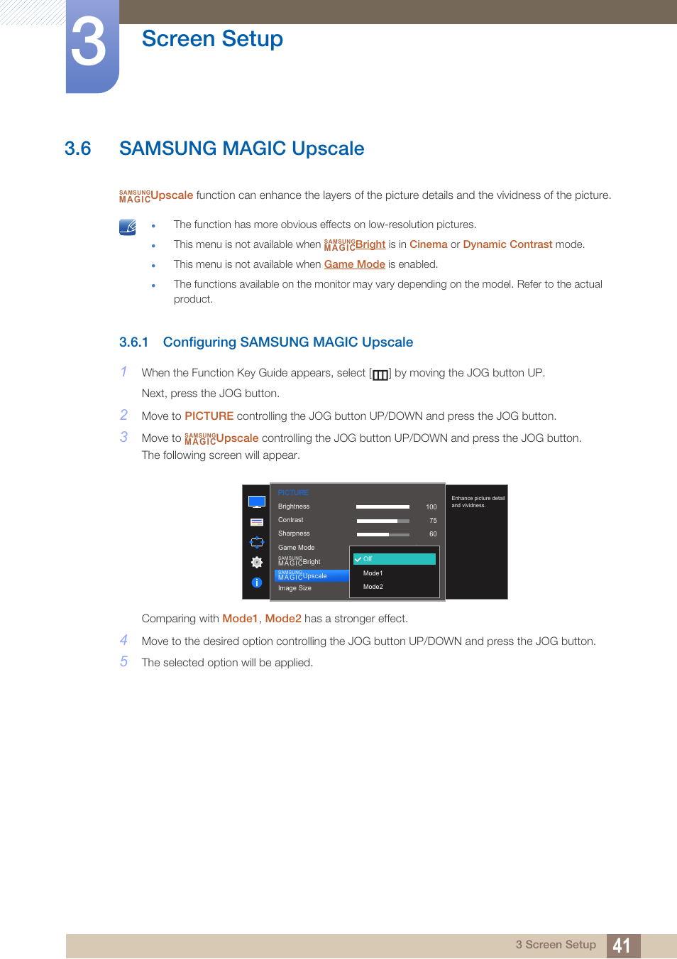 6 samsung magic upscale, 1 configuring samsung magic upscale, Samsung magic upscale | Configuring samsung magic upscale, Upscale, Samsung, Magic, Screen setup | Samsung LS27D590PS-ZA User Manual | Page 41 / 92