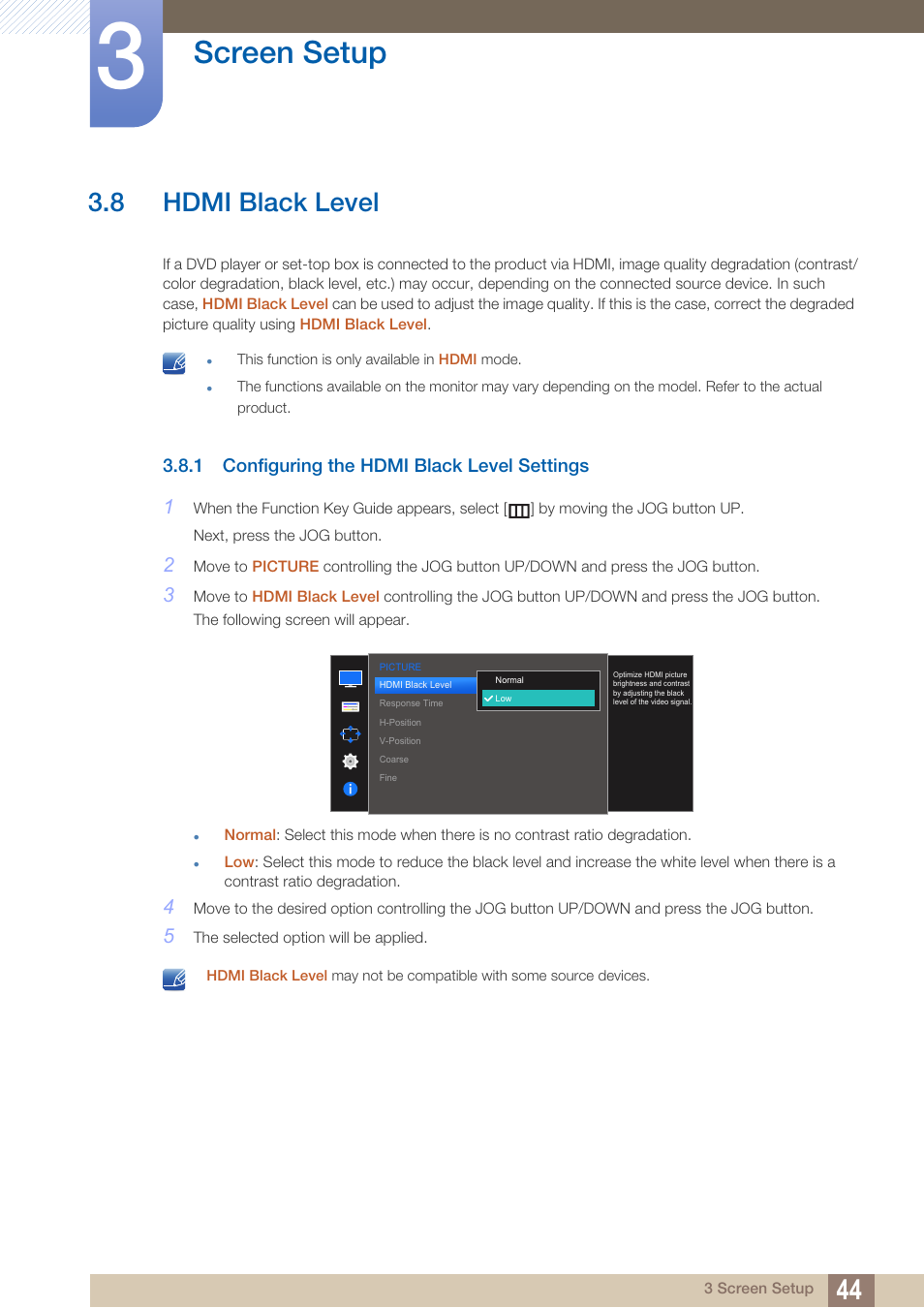 8 hdmi black level, 1 configuring the hdmi black level settings, Hdmi black level | Configuring the hdmi black level settings, Screen setup | Samsung LS27D590PS-ZA User Manual | Page 44 / 92