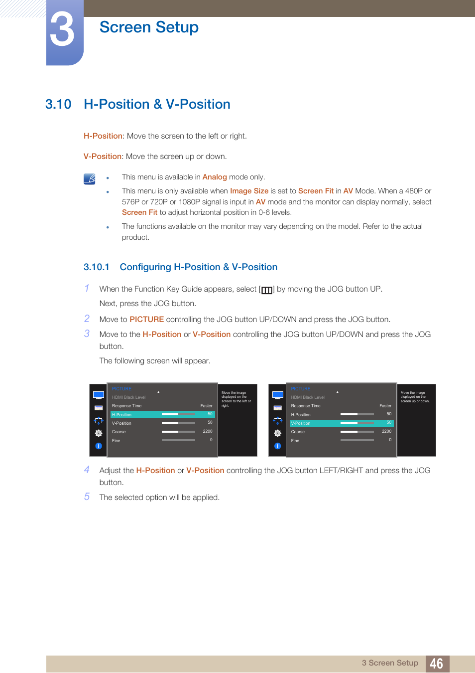 10 h-position & v-position, 1 configuring h-position & v-position, H-position & v-position | Configuring h-position & v-position, Screen setup | Samsung LS27D590PS-ZA User Manual | Page 46 / 92