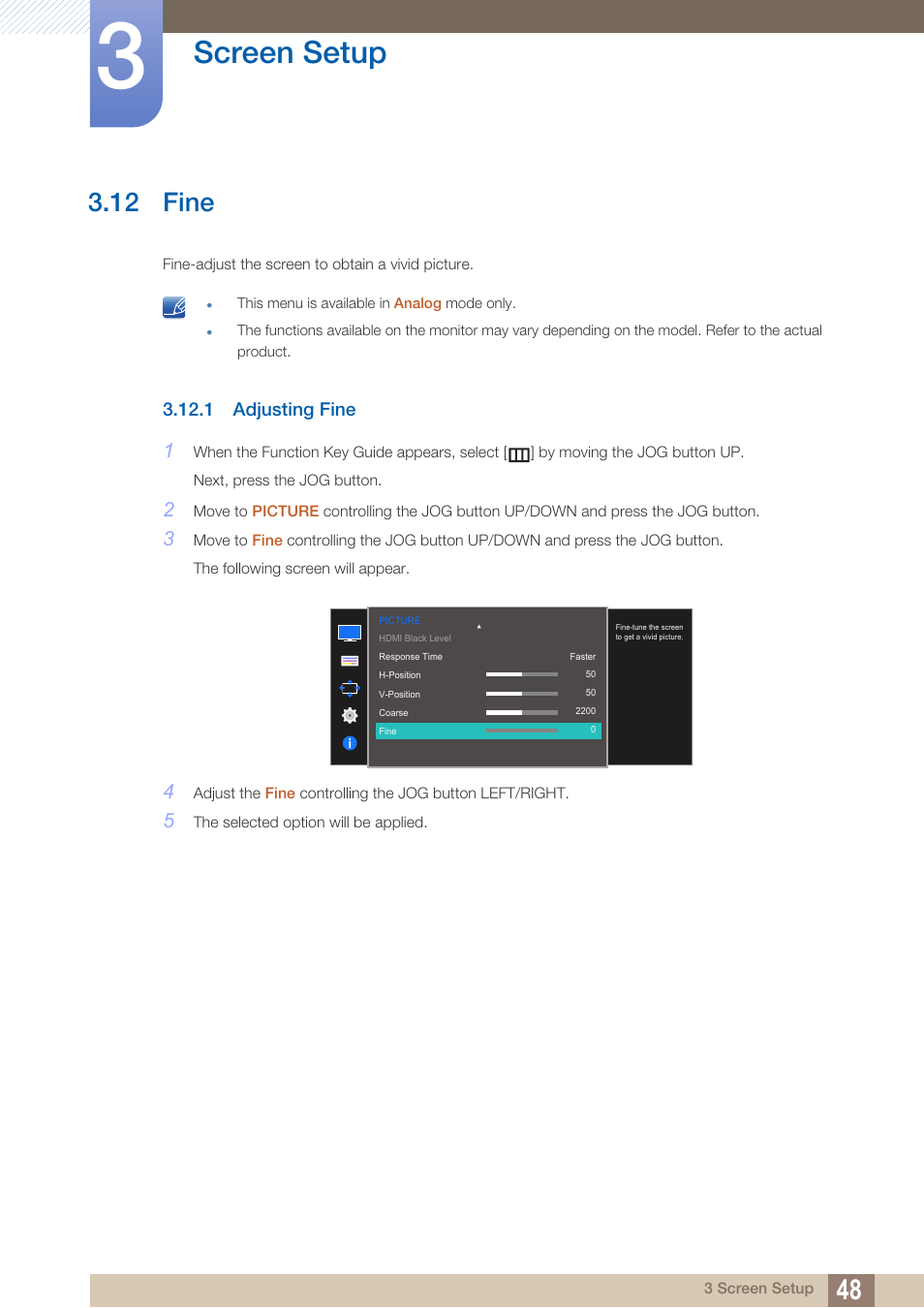 12 fine, 1 adjusting fine, Fine | Adjusting fine, Screen setup | Samsung LS27D590PS-ZA User Manual | Page 48 / 92
